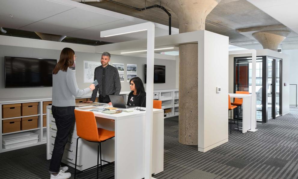Tazo Single Sans-Serif over tables in breakout spaces of HGA Milwaukee